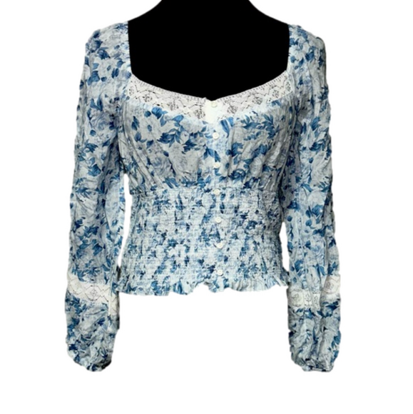 Blue and white American Eagle top with lace detailing - Picture 1 of 5